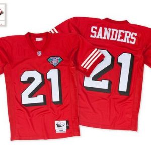 Fantastic Mitchell And Ness 75TH 49ers #21 Deion Sanders Red Stitched Throwback NFL Jersey