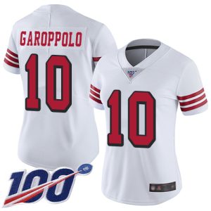 Premium 49ers #10 Jimmy Garoppolo White Rush Women's Stitched NFL Limited 100th Season Jersey