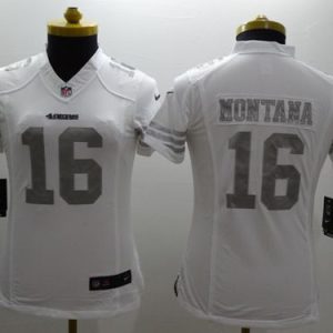 Finest 49ers #16 Joe Montana White Women's Stitched NFL Limited Platinum Jersey