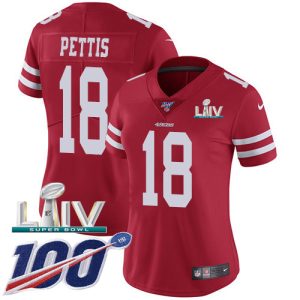 Fantastic 49ers #18 Dante Pettis Red Super Bowl LIV 2020 Team Color Women's Stitched NFL 100th Season Vapor Limited Jersey