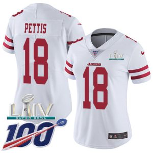 High - quality 49ers #18 Dante Pettis White Super Bowl LIV 2020 Women's Stitched NFL 100th Season Vapor Limited Jersey