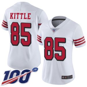 Finest 49ers #85 George Kittle White Rush Women's Stitched NFL Limited 100th Season Jersey