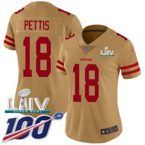 Outstanding 49ers #18 Dante Pettis Gold Super Bowl LIV 2020 Women's Stitched NFL Limited Inverted Legend 100th Season Jersey
