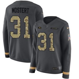 Outstanding 49ers #31 Raheem Mostert Anthracite Salute to Service Women's Stitched NFL Limited Therma Long Sleeve Jersey