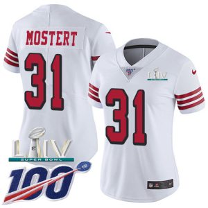 Delightful 49ers #31 Raheem Mostert White Super Bowl LIV 2020 Women's Stitched NFL Limited Rush 100th Season Jersey