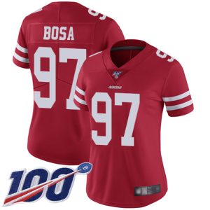 Premium 49ers #97 Nick Bosa Red Team Color Women's Stitched NFL 100th Season Vapor Limited Jersey