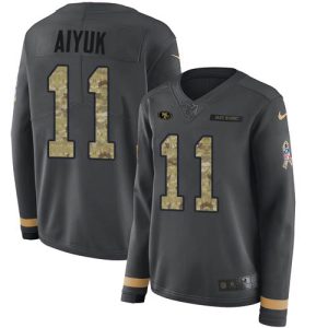 Finest 49ers #11 Brandon Aiyuk Anthracite Salute to Service Women's Stitched NFL Limited Therma Long Sleeve Jersey