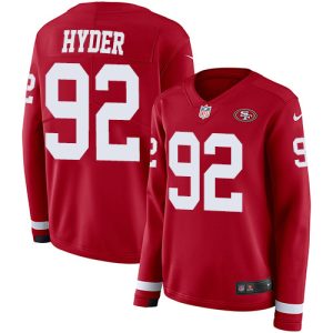 Amazing 49ers #92 Kerry Hyder Red Team Color Women's Stitched NFL Limited Therma Long Sleeve Jersey