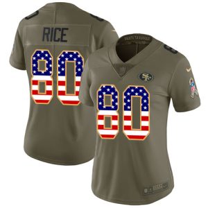 Fantastic 49ers #80 Jerry Rice Olive/USA Flag Women's Stitched NFL Limited 2017 Salute to Service Jersey