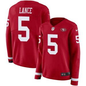 Amazing 49ers #5 Trey Lance Red Team Color Women's Stitched NFL Limited Therma Long Sleeve Jersey