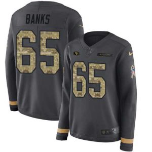 Amazing Panthers #65 Aaron Banks Anthracite Salute to Service Women's Stitched NFL Limited Therma Long Sleeve Jersey