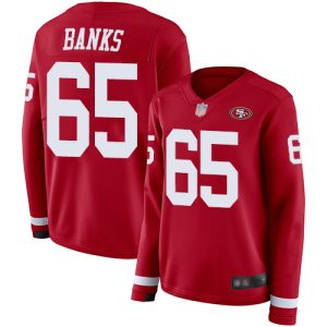 Fantastic 49ers #65 Aaron Banks Red Team Color Women's Stitched NFL Limited Therma Long Sleeve Jersey