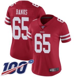 Exceptional 49ers #65 Aaron Banks Red Team Color Women's Stitched NFL 100th Season Vapor Limited Jersey