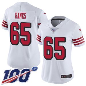 Outstanding 49ers #65 Aaron Banks White Rush Women's Stitched NFL Limited 100th Season Jersey