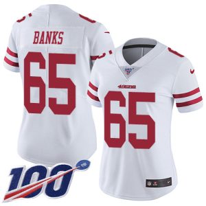 Outstanding 49ers #65 Aaron Banks White Women's Stitched NFL 100th Season Vapor Limited Jersey