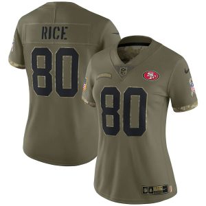 Superb San Francisco 49ers #80 Jerry Rice Women's 2022 Salute To Service Limited Jersey - Olive