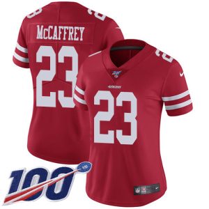 Premium 49ers #23 Christian McCaffrey Red Team Color Women's Stitched NFL 100th Season Vapor Limited Jersey