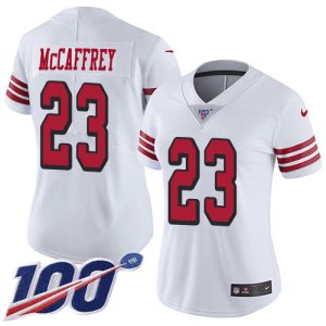 Finest 49ers #23 Christian McCaffrey White Rush Women's Stitched NFL Limited 100th Season Jersey