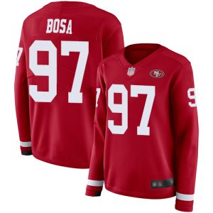 Fantastic 49ers #97 Nick Bosa Red Team Color Women's Stitched NFL Limited Therma Long Sleeve Jersey
