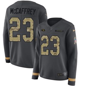 Impressive 49ers #23 Christian McCaffrey Anthracite Salute to Service Women's Stitched NFL Limited Therma Long Sleeve Jersey