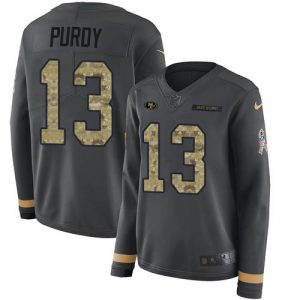 High - quality 49ers #13 Brock Purdy Anthracite Salute to Service Women's Stitched NFL Limited Therma Long Sleeve Jersey