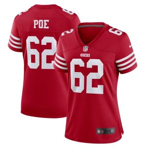 Delightful San Francisco 49ers #62 Jason Poe Scarlet Women's 2022-23 NFL Game Jersey