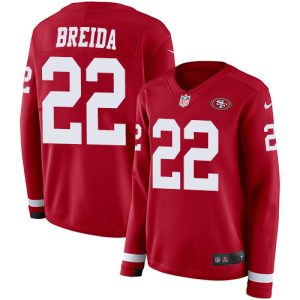 Fantastic 49ers #22 Matt Breida Red Team Color Women's Stitched NFL Limited Therma Long Sleeve Jersey