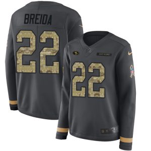 Exceptional 49ers #22 Matt Breida Anthracite Salute to Service Women's Stitched NFL Limited Therma Long Sleeve Jersey