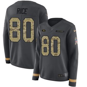 Finest 49ers #80 Jerry Rice Anthracite Salute to Service Women's Stitched NFL Limited Therma Long Sleeve Jersey