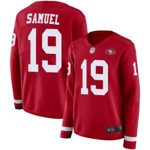 Superb 49ers #19 Deebo Samuel Red Team Color Women's Stitched NFL Limited Therma Long Sleeve Jersey