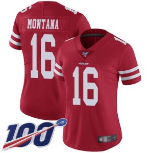Exceptional 49ers #16 Joe Montana Red Team Color Women's Stitched NFL 100th Season Vapor Limited Jersey