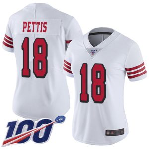 Outstanding 49ers #18 Dante Pettis White Rush Women's Stitched NFL Limited 100th Season Jersey