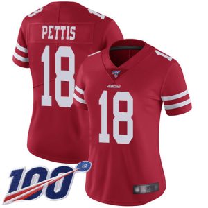 Impressive 49ers #18 Dante Pettis Red Team Color Women's Stitched NFL 100th Season Vapor Limited Jersey