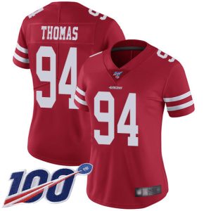 Fantastic 49ers #94 Solomon Thomas Red Team Color Women's Stitched NFL 100th Season Vapor Limited Jersey