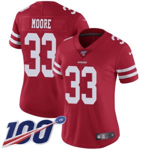 Premium 49ers #33 Tarvarius Moore Red Team Color Women's Stitched NFL 100th Season Vapor Limited Jersey