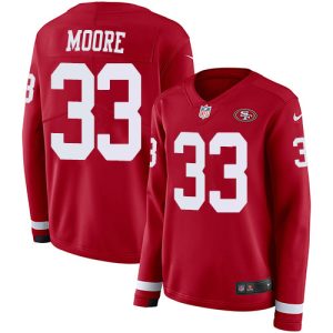 Premium 49ers #33 Tarvarius Moore Red Team Color Women's Stitched NFL Limited Therma Long Sleeve Jersey