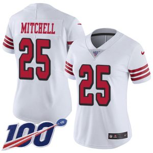 Outstanding 49ers #25 Elijah Mitchell White Rush Women's Stitched NFL Limited 100th Season Jersey