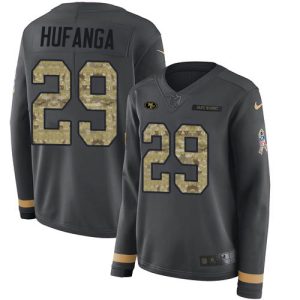 Impressive 49ers #29 Talanoa Hufanga Anthracite Salute to Service Women's Stitched NFL Limited Therma Long Sleeve Jersey