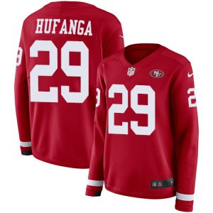 Impressive 49ers #29 Talanoa Hufanga Red Team Color Women's Stitched NFL Limited Therma Long Sleeve Jersey