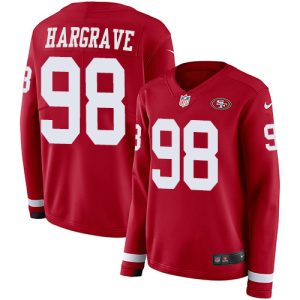 High - quality 49ers #98 Javon Hargrave Red Team Color Women's Stitched NFL Limited Therma Long Sleeve Jersey
