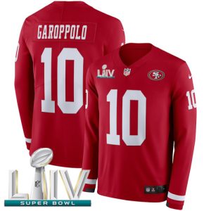 Fantastic 49ers #10 Jimmy Garoppolo Red Super Bowl LIV 2020 Team Color Youth Stitched NFL Limited Therma Long Sleeve Jersey