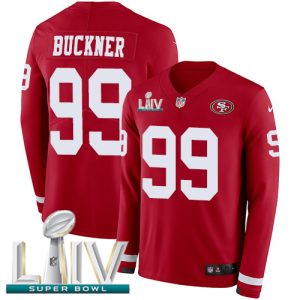 Impressive 49ers #99 DeForest Buckner Red Super Bowl LIV 2020 Team Color Youth Stitched NFL Limited Therma Long Sleeve Jersey