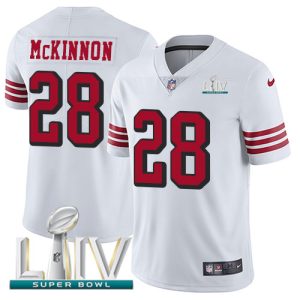 Exceptional 49ers #28 Jerick McKinnon White Super Bowl LIV 2020 Rush Youth Stitched NFL Vapor Untouchable Limited Jersey