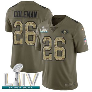 High - quality 49ers #26 Tevin Coleman Olive/Camo Super Bowl LIV 2020 Youth Stitched NFL Limited 2017 Salute To Service Jersey
