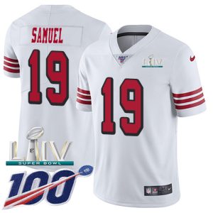 Exceptional 49ers #19 Deebo Samuel White Super Bowl LIV 2020 Rush Youth Stitched NFL Limited 100th Season Jersey