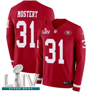 Premium 49ers #31 Raheem Mostert Red Super Bowl LIV 2020 Team Color Youth Stitched NFL Limited Therma Long Sleeve Jersey