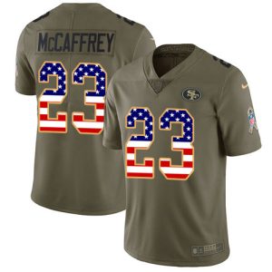 Exceptional 49ers #23 Christian McCaffrey Olive/USA Flag Youth Stitched NFL Limited 2017 Salute To Service Jersey