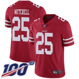 Outstanding 49ers #25 Elijah Mitchell Red Team Color Youth Stitched NFL 100th Season Vapor Limited Jersey