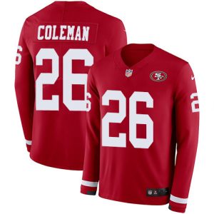 High - quality 49ers #26 Tevin Coleman Red Team Color Men's Stitched NFL Limited Therma Long Sleeve Jersey