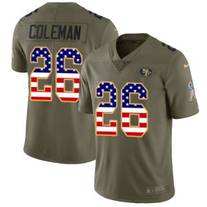 Fantastic 49ers #26 Tevin Coleman Olive/USA Flag Men's Stitched NFL Limited 2017 Salute To Service Jersey
